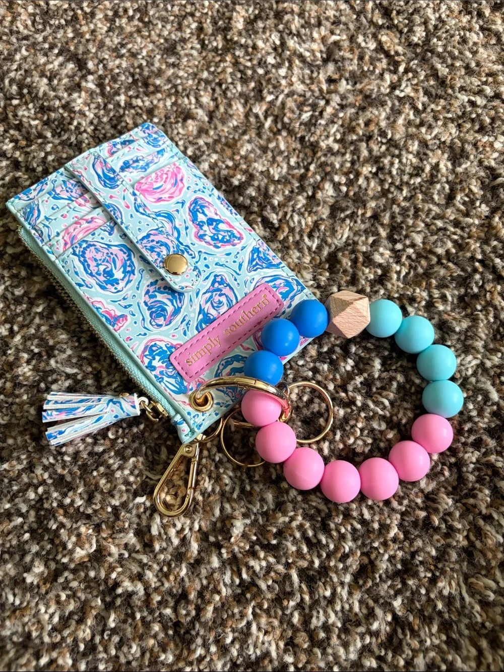 Simply Southern Pink & Blue Beaded Keyring Wristlet with Gold Hardware